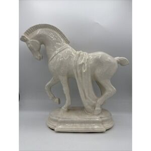 Vtg Horse Lg Ceramic Trojan Stallion White Glazed Decor Crackle Finish 12" RL
